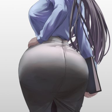 blue archive, karin (blue archive), silver bullet, 1girls, ass, black hair, breasts, brown skin, bubble butt, clothed, clothed female, dark-skinned female, dark skin, dat ass, female
