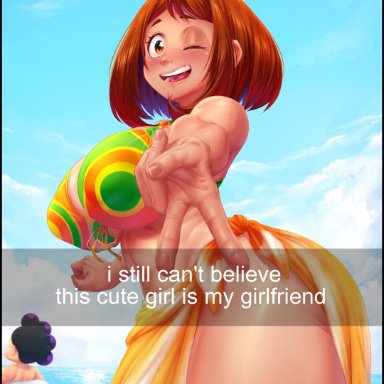 my hero academia, minoru mineta, ochako uraraka, captainjerkpants, 1boy, 1girls, beach, big breasts, bikini, blush, breasts, brown eyes, brown hair, camera view, eye contact