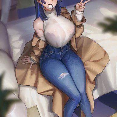 hololive, hololive english, boros (ouro kronii), ouro kronii, sayanestia, :d, blue eyes, blue hair, breasts, coat, curvy, denim, female, hair intakes, jeans