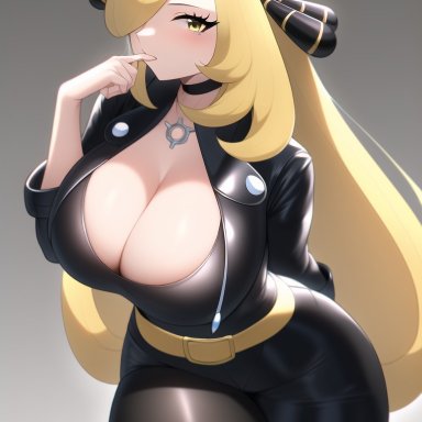 cynthia (pokemon), nai diffusion, rubycks, stable diffusion, black leather, blonde hair, cleavage, finger in mouth, large breasts, leather, leather clothing, leather jacket, long hair, necklace, shiny clothes