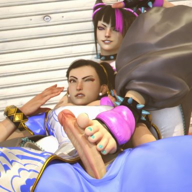 street fighter, street fighter 6, chun-li, juri han, dawadd, 1futa, 1girls, 5 fingers, 5 toes, barefoot, big penis, duo, duo focus, erect penis, erection