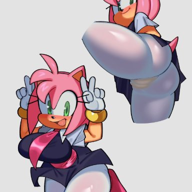 sega, sonic the hedgehog (series), sonic x, amy rose, fiinel, anthro, ass, big butt, blush, camel toe, clothed, clothing, double v sign, eulipotyphlan, female