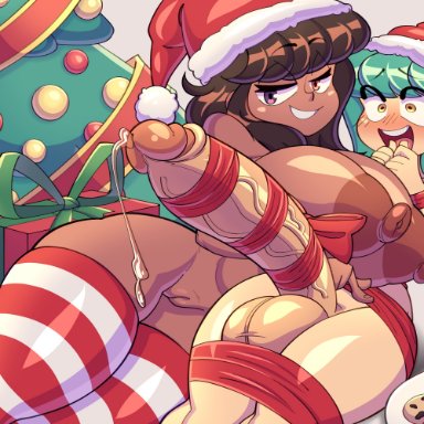 christmas, heather (kaapcom), irenne, kaapcom (artist), 1futa, 1girls, areolae, balls, bangs, blush, breasts, brown hair, dark-skinned female, dark skin, duo