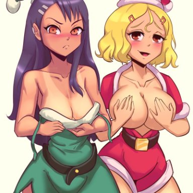 christmas, please don't bully me, nagatoro, hayase nagatoro, sakura (nagatoro), profit, profitart, 2girls, angry, big breasts, black hair, blonde hair, blush, breast envy, breast size difference, breasts