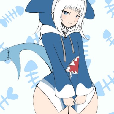 hololive, youtube, gawr gura, zonen404, =3, blue eyes, fuck me eyes, hand covering pussy, shark hood, shark tail, thick thighs, voluptuous, voluptuous female, white hair, colored sketch