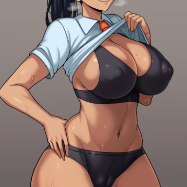 nintendo, pokemon, pokemon sv, nemona (pokemon), jmg, 1girls, aged up, black hair, breasts, brown eyes, brown skin, dark-skinned female, dark skin, female, hips