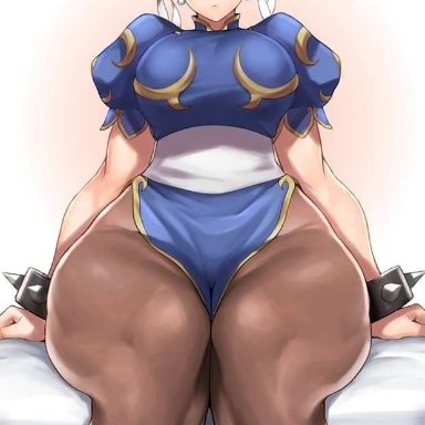 capcom, street fighter, chun-li, artist request, unknown artist, big breasts, brown eyes, brown hair, clothed, clothed female, hair buns, looking at viewer, pearl earrings, sitting, spiked bracelets