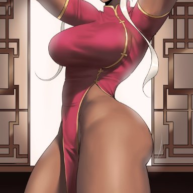 my hero academia, miruko, rumi usagiyama, echosaber, animal ears, arms up, ass, bouncing ass, bracelet, breasts, bunny pose, china dress, chinese clothes, dark-skinned female, dark skin