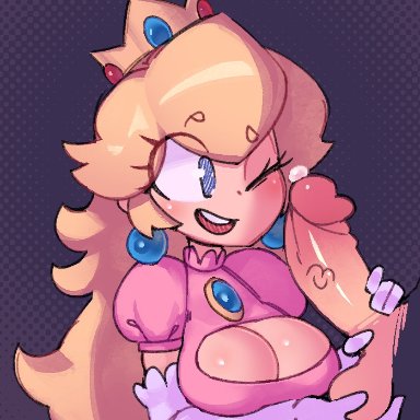 mario (series), princess peach, cragscleft, 1boy, 1girls, big breasts, blonde hair, blue eyes, blush, clothed, crown, earrings, gloves, hair ornament, holding penis