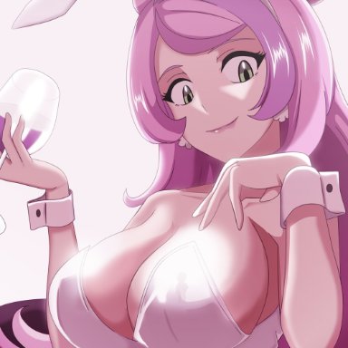 nintendo, pokemon, pokemon sv, miriam (pokemon), vivivoovoo, big breasts, bunny ears, bunnysuit, detached cuffs, earrings, green eyes, lipstick, long hair, pink hair, wine glass