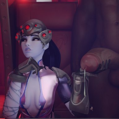 blizzard entertainment, overwatch, widowmaker, artist request, winterzone, 1boy, 1girls, annoyed, big penis, cum, cum drip, cum stain, dark-skinned male, dark skin, interracial