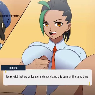 pokemon, pokemon sv, juliana (pokemon), nemona (pokemon), solodusk57, 1futa, 1girls, big breasts, big penis, bottomless, breasts, clothed, clothing, dark-skinned futanari, dark skin