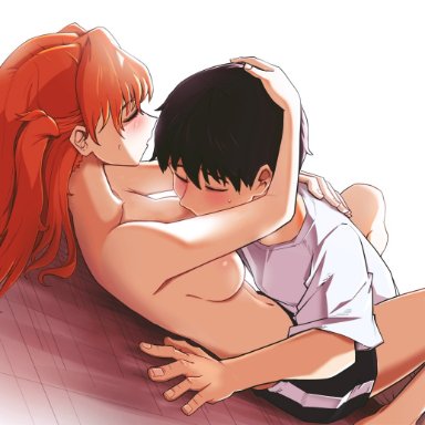 neon genesis evangelion, asuka langley sohryu, shinji ikari, artist request, 1boy1girl, 1girls, blue eyes, breast press, breast squeeze, breast sucking, brown hair, closed eyes, clothed male, couple, cuddling