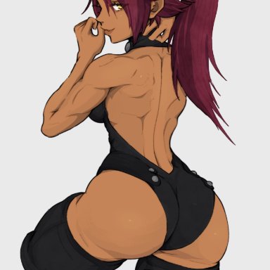 bleach, shihouin yoruichi, yoracrab, 1girls, ass, back muscles, boots, dark-skinned female, hair ornament, high heels, leotard, long hair, looking at viewer, looking back, muscular