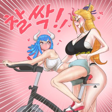one piece, black maria, ulti (one piece), taejaho, 2girls, bicycle, blonde hair, blue hair, butt slap, gym clothes, horns, huge breasts, slapping butt, yuri