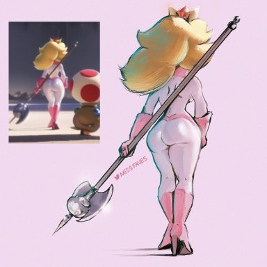 mario (series), nintendo, super mario bros. (2023 film), princess peach, toad (mario), missfaves, 1boy, 1girls, ass, back, back view, blonde, blonde female, blonde hair, bodysuit