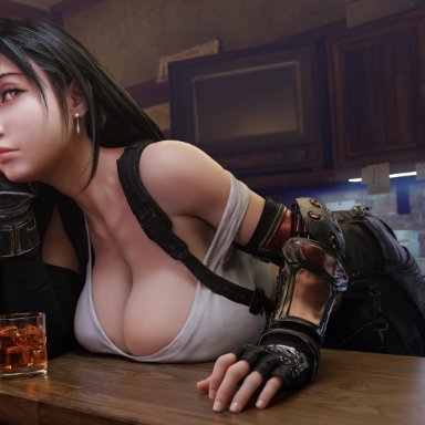 final fantasy, final fantasy vii, tifa lockhart, batesz, 1girls, alcohol, arm support, big breasts, brown hair, busty, cleavage, drink, female, female only, large breasts