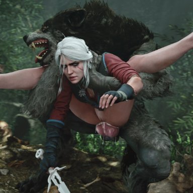 cd projekt red, the witcher (series), the witcher 3: wild hunt, ciri, athazel, 1boy, 1girls, 1monster, alternate costume, anal, anal creampie, anal sex, balls, bare legs, barefoot
