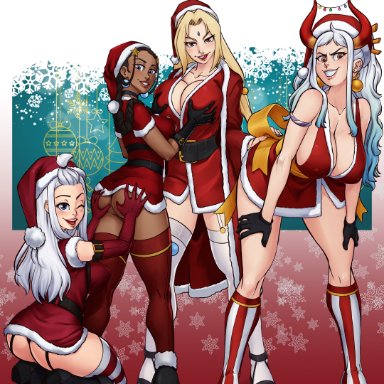 avatar the last airbender, christmas, fairy tail, naruto, one piece, katara, mirajane strauss, tsunade, yamato (one piece), sketchlanza, 4girls, ass, ass cleavage, black hair, blonde hair