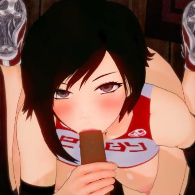 koikatsu, rwby, ruby rose, giddora, pixiewillow, 1boy, 1girls, ass, big ass, big breasts, big penis, blowjob, brown hair, cheerleader, dark-skinned male