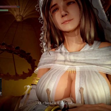 dark souls, fromsoftware, chosen undead, queen of sunlight gwynevere, yellowbea, 1boy, 1girls, big breasts, breasts, brown hair, cleavage, clothing, deity, female, giantess