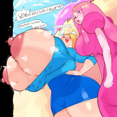 adventure time, cartoon network, fionna the human girl, princess bubblegum, bulumble-bee, big breasts, breast envy, gigantic breasts, huge breasts, outside of border, smile, wide hips, text bubble