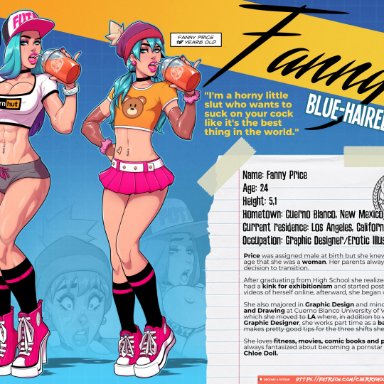 fanny price, cherrymousestreet, 1futa, abs, age progression, athletic, athletic futanari, balls, big breasts, blue eyes, blue hair, breasts, cleavage, clothed, clothing