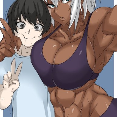 original, zinga (zokusuke), zokusuke, 1boy, 1girls, abs, big breasts, dark-skinned female, dark skin, hug, larger female, light-skinned male, light skin, midriff, muscular