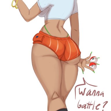 nintendo, pokemon, pokemon sv, nemona (pokemon), lewddoodler, 1girls, alternate hairstyle, ass, black hair, black socks, booty shorts, brown eyes, brown skin, bubble butt, dark-skinned female