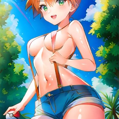 nintendo, pokemon (anime), pokemon rgby, kasumi (pokemon), misty (pokemon), stable diffusion, bangs, bare arms, blue sky, blush, breasts, bush, cloud, cranpeach, day