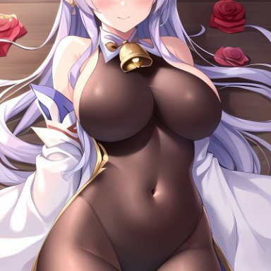 genshin impact, emilia (re:zero), ganyu (genshin impact), ganyu (genshin impact) (cosplay), alternate costume, alternate outfit, ass, bare shoulders, bell, blush, bodysuit, breasts, closed mouth, closed smile, cosplay