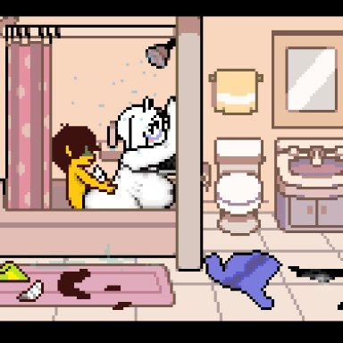 deltarune, kris (deltarune), toriel, theevilfallenone, age difference, bathroom, furry, male focus, penis, pregnant, pregnant sex, sex, technical incest, animated, pixel art