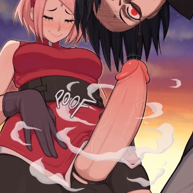 naruto, naruto: the last, naruto (series), naruto shippuden, sakura haruno, sasuke uchiha, afrobull, 1boy, 1futa, ass, balls, bandages, big breasts, big penis, black hair