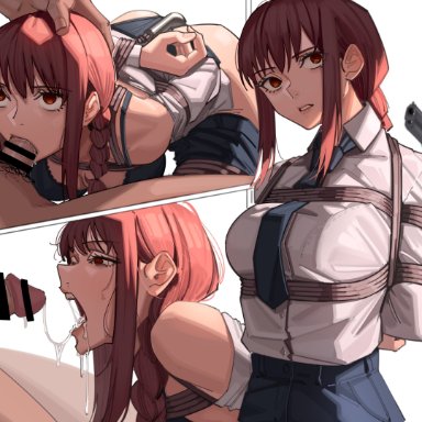 chainsaw man, makima (chainsaw man), harris hero, after fellatio, anal hook, arms behind back, bare shoulders, bondage, bra, braid, braided ponytail, breasts, clothes removed, collared shirt, cum