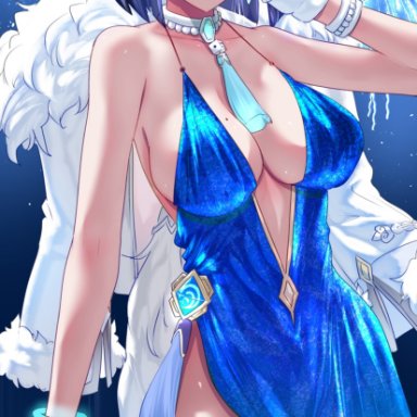 genshin impact, holidays, new year, yelan (genshin impact), uenoryoma, 1girls, blue dress, blue hair, breasts, dress, female, fireworks, green eyes, large breasts, light-skinned female