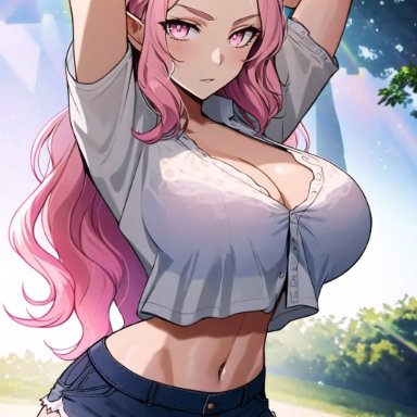 stable diffusion, 1girls, armpits, big breasts, curvaceous, curvy body, curvy female, curvy figure, female focus, female only, long hair, pink hair, voluptuous female, 2023, ai generated