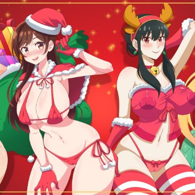 christmas, kanojo okarishimasu, kobayashi-san chi no maidragon, sono bisque doll wa koi wo suru, spy x family, kitagawa marin, mizuhara chizuru, tohru (dragon maid), yor briar, yor forger, milkybunny, 4girls, celebration, cosplay, santa costume