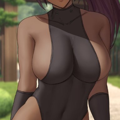 bleach, shihouin yoruichi, oroborusart, savagexthicc, 1girls, blush, breasts, brown skin, dark-skinned female, dark skin, female, huge breasts, leotard, long hair, naughty face