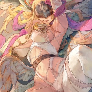 digimon, angewomon, cutesexyrobutts, 1girls, areola slip, big breasts, blonde hair, breasts, female, female only, helmet, long hair, lying, lying on back, skimpy