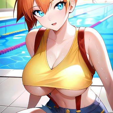 nintendo, pokemon, pokemon (anime), pokemon rgby, kasumi (pokemon), misty (pokemon), stable diffusion, bangs, blue eyes, breasts, cleavage, collarbone, cranpeach, crop top, denim