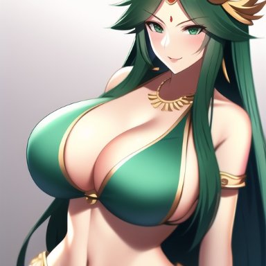 kid icarus, kid icarus uprising, nintendo, palutena, nai diffusion, stable diffusion, 1girls, big breasts, cleavage, clothed, clothing, curvy, curvy figure, female, female only