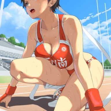 capcom, street fighter, sakura kasugano, cacn, anklehighs, black hair, bleachers, blue eyes, blue sky, breasts, buruma, cleavage, cloud, day, dripping