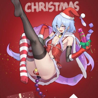 arknights, merry christmas, mizuki (arknights), gins, 1boy, anal, anal beads, anal beads in ass, anal insertion, armwear, babydoll, balls, black armwear, blue hair, cage