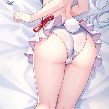 genshin impact, kamisato ayaka, ass, bare shoulders, barefoot, bed, blue eyes, blush, breasts, cameltoe, embarrassed, female, from behind, leotard, long hair