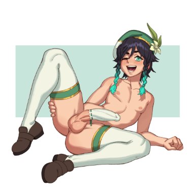 genshin impact, venti (genshin impact), rizdraws, 1boy, balls, bare shoulders, belly, big penis, blue hair, blush, braid, femboy, grabbing thighs, gradient hair, green eyes