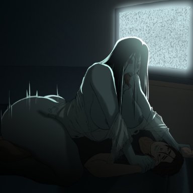 the ring, yamamura sadako, pepprnsalt, 1girls, areolae, big ass, black hair, black pupils, black sclera, drooling, erect nipples, female, female on top, ghost girl, grey skin