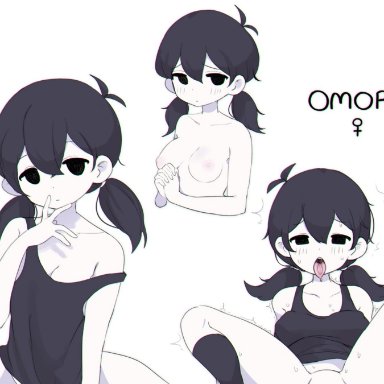 omori, omori (character), clarevoir, 1girls, ambiguous penetration, belly bulge, black hair, blush, breasts, cleavage, female, female symbol, genderbent, implied penetration, implied sex