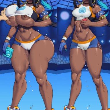 nintendo, pokemon, pokemon ss, gym leader, nessa (pokemon), jay-marvel, 1girls, alternate breast size, ass expansion, black hair, booty shorts, breast expansion, breast grab, breasts, brown skin