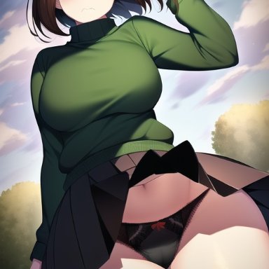 undertale, chara, nai diffusion, stable diffusion, 1girls, accidental exposure, angry, annoyed, bare thighs, black panties, blush, bow panties, brown hair, curvy, embarrassed