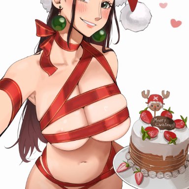 christmas, one piece, nico robin, jerrydurd, 1girls, black hair, breasts, cake, christmas outfit, large breasts, looking at viewer, ribbon, ribbon bondage, skindentation, smile